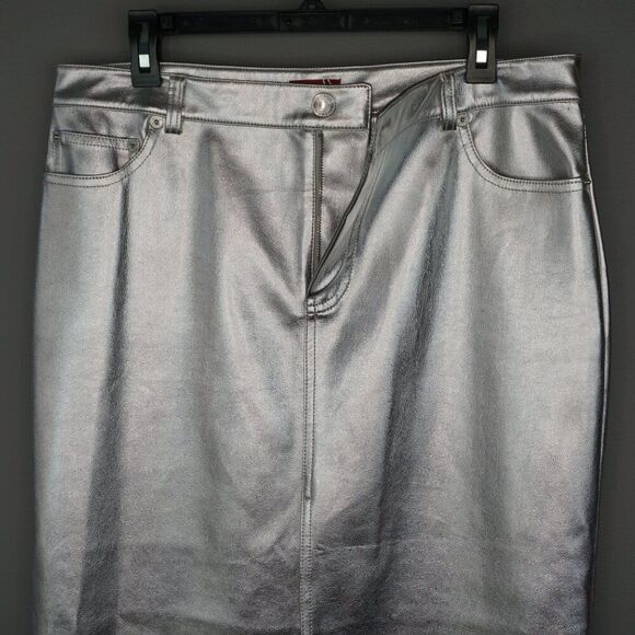 New Staud Oaklyn Faux Leather Midi Skirt in Silver Metallic size 12 - Picture 8 of 12